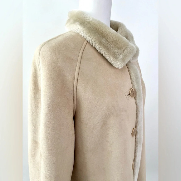 LARRY LEVINE | Faux Suede Shearling Fur Tan Beige Mid Length Coat Size Medium - Picture 7 of 10